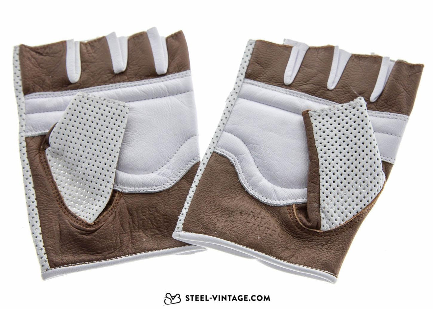SVB Perforated Leather Cycling Gloves - White/Brown - Steel Vintage Bikes