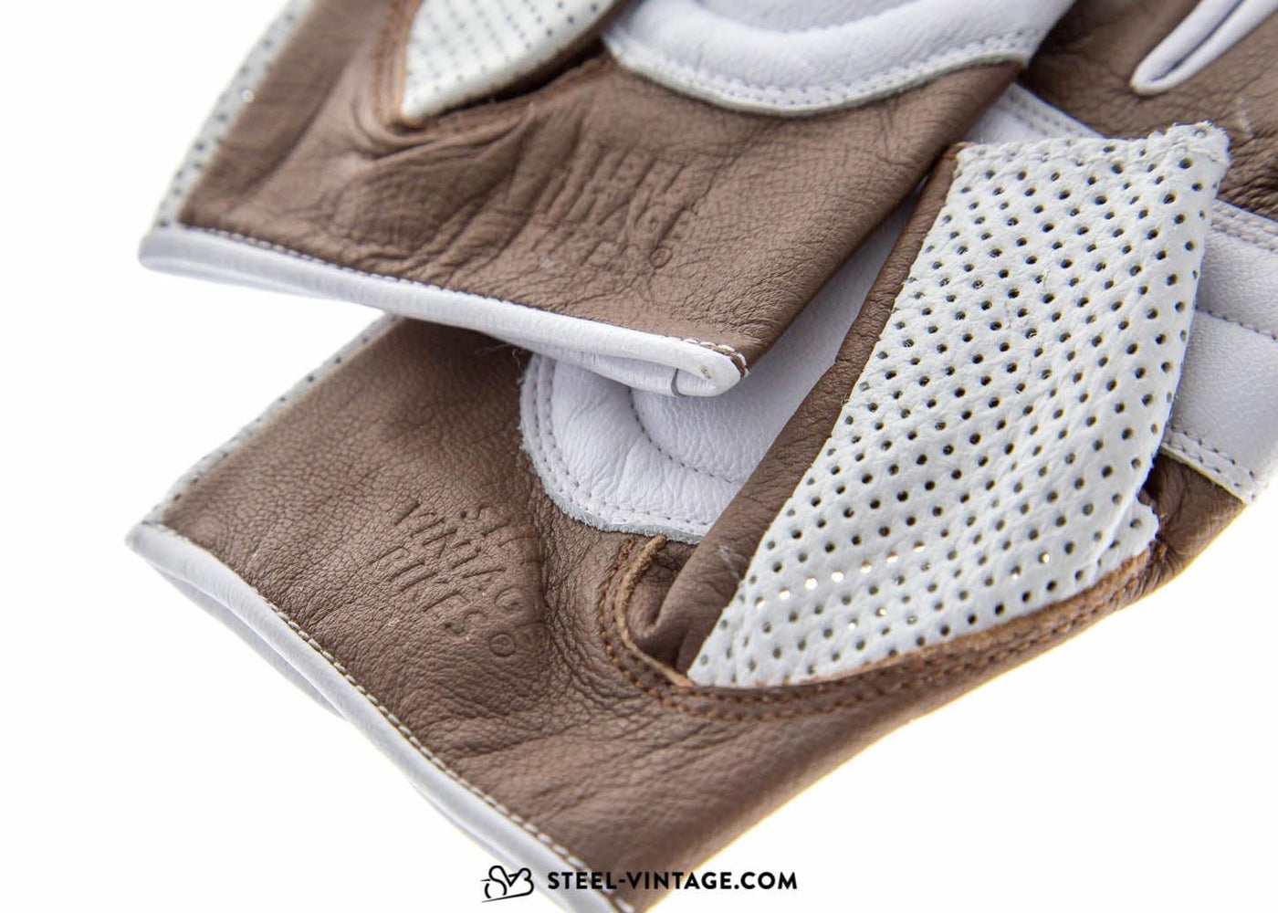 SVB Perforated Leather Cycling Gloves - White/Brown - Steel Vintage Bikes